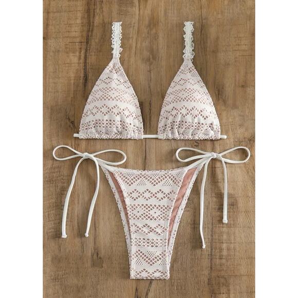 White Nude Cutout Triangle Top String Bikini w/Adjustable Straps SMALL A-D Cup - Picture 1 of 5